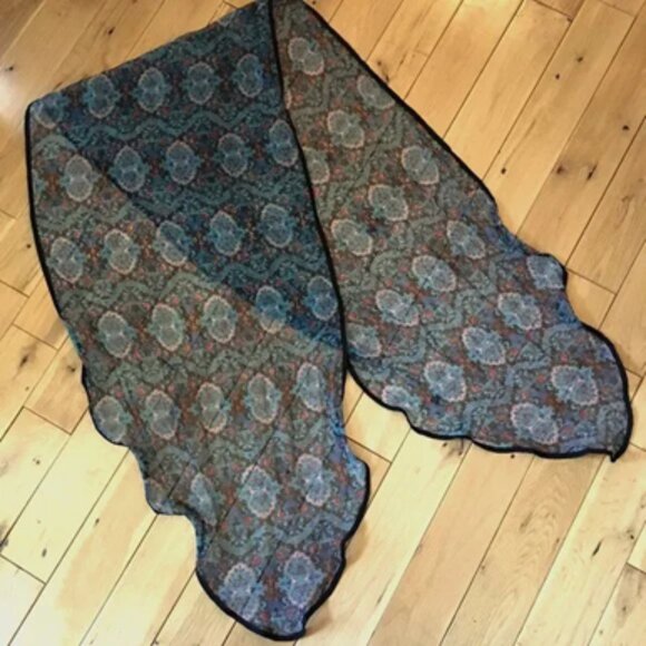 Sheer Blue Floral Damask Tapered Boho Scarf - Picture 13 of 16